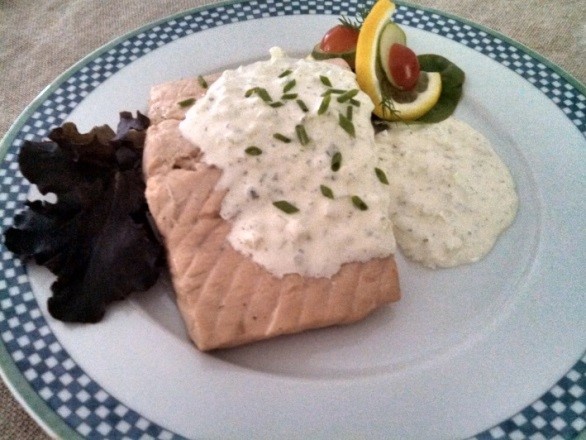 Gluten-Free Poached Salmon with RC Cucumber Dill Sauce
