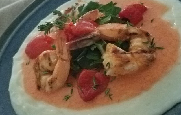Grilled Shrimp with Peppadew® Peppers and Thyme  on a bed of Cauliflower Puree